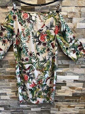 H&M White Tropical Floral Mini Dress with Green and Red Accents 18 PtP